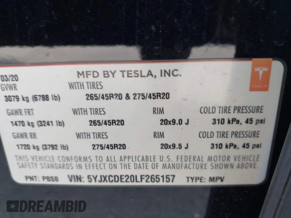 2020 Tesla Model X Long Range with VIN 5YJXCDE20LF265157, listed as a IAAI auction lot 41809572 with 58,599 mi miles. Bid and sale history available at carsss.com. Image 9.