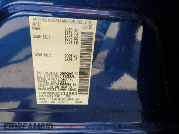 2016 Nissan LEAF S with VIN 1N4BZ0CP2GC313993, listed as a Copart auction lot 61928853 with 41,956 mi miles. Bid and sale history available at carsss.com. Image 13.