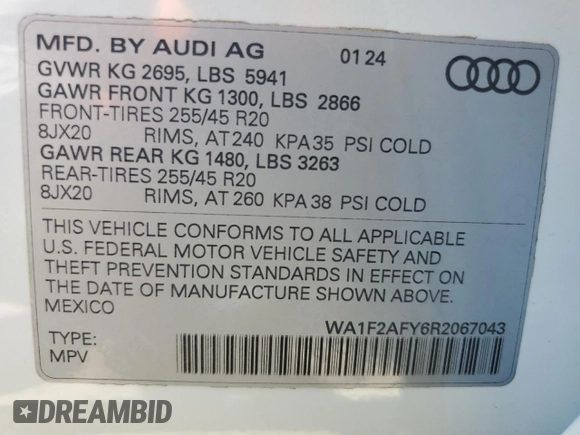 2024 Audi Q5 S line Prestige with VIN WA1F2AFY6R2067043, listed as a Copart auction lot 70264704 with 125 mi miles and Salvage Title. Bid and sale history available at carsss.com. Image 12.