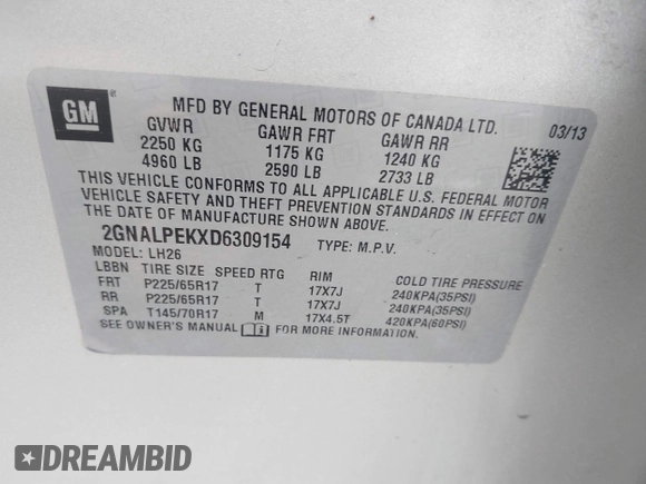 2013 Chevrolet Equinox LT with VIN 2GNALPEKXD6309154, listed as a IAAI auction lot 42074705 with 188,138 mi miles and . Bid and sale history available at DreamBid. Image 9.