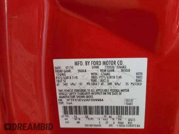 2010 Ford F-150 XL с VIN 1FTFX1EV2AFD09984, выставлен на аукционе Copart как лот 64553515 с пробегом 242 463 миль миль и Чистый • Clean title. История ставок и продаж доступна на DreamBid. Изображение 12.