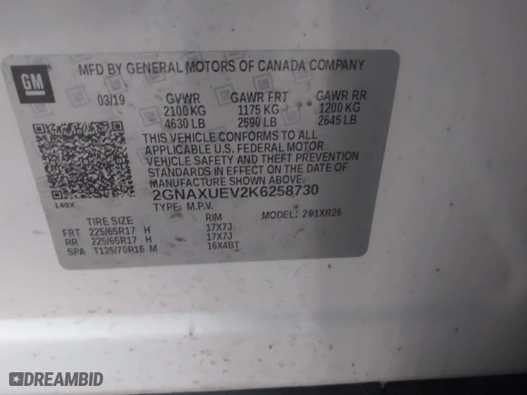 2019 Chevrolet Equinox LT with VIN 2GNAXUEV2K6258730, listed as a IAAI auction lot 41429824 with 72,435 mi miles. Bid and sale history available at carsss.com. Image 9.