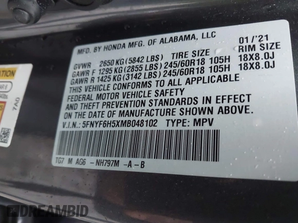 2021 Honda Pilot EX-L with VIN 5FNYF6H5XMB048102, listed as a IAAI auction lot 42346372 with 45,042 mi miles and . Bid and sale history available at DreamBid. Image 9.
