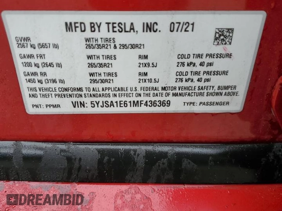 2021 Tesla Model S Plaid with VIN 5YJSA1E61MF436369, listed as a Copart auction lot 48505375 with 34,388 mi miles and Salvage Title. Bid and sale history available at carsss.com. Image 12.