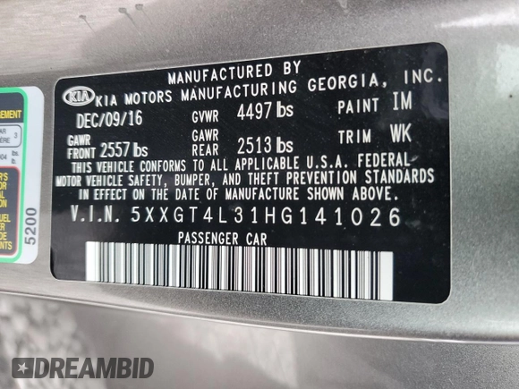 2017 Kia Optima LX with VIN 5XXGT4L31HG141026, listed as a Copart auction lot 50890795 with 62,347 mi miles and Salvage Title. Bid and sale history available at carsss.com. Image 12.