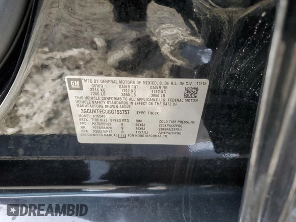 2016 Chevrolet Silverado 1500 High Country with VIN 3GCUKTEC0GG153757, listed as a Copart auction lot 42239725 with 108,115 mi miles and Salvage Title. Bid and sale history available at DreamBid. Image 12.
