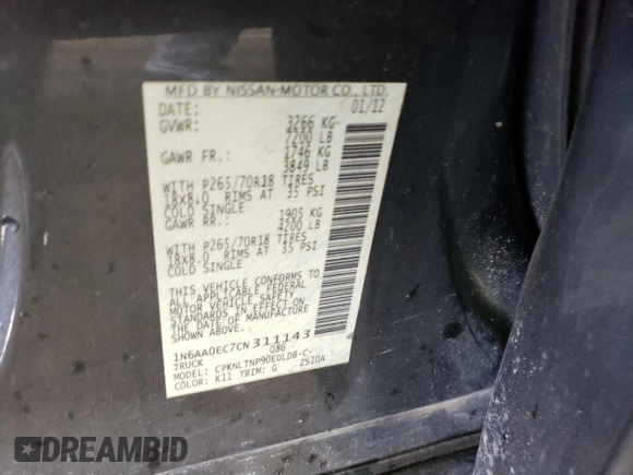 2012 Nissan Titan S with VIN 1N6AA0EC7CN311143, listed as a Copart auction lot 75181784 with 214,351 mi miles and Salvage Title. Bid and sale history available at carsss.com. Image 13.