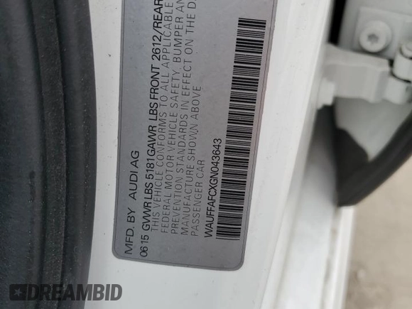 2016 Audi A6 Premium with VIN WAUFFAFCXGN043643, listed as a Copart auction lot 54610795 with Not provided miles and Salvage title. Bid and sale history available at DreamBid. Image 12.