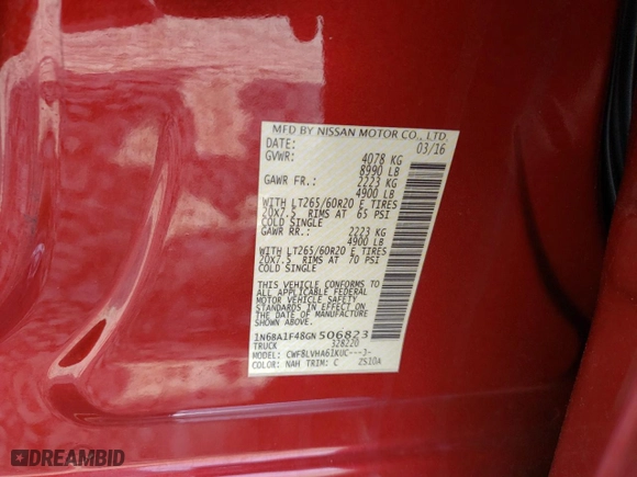 2016 Nissan Titan XD PRO-4X with VIN 1N6BA1F48GN506823, listed as a Copart auction lot 60321023 with NaN miles and Salvage Title. Bid and sale history available at carsss.com. Image 12.