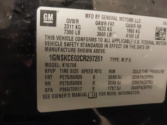 2012 Chevrolet Tahoe LTZ with VIN 1GNSKCE02CR297261, listed as a IAAI auction lot 40255137 with 283,110 mi miles and . Bid and sale history available at DreamBid. Image 9.