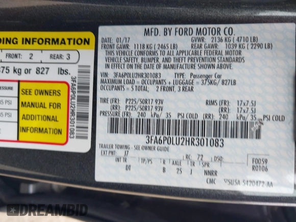 2017 Ford Fusion Hybrid SE with VIN 3FA6P0LU2HR301083, listed as a IAAI auction lot 42602798 with 89,003 mi miles and . Bid and sale history available at DreamBid. Image 9.