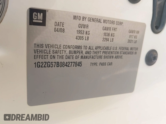2008 Pontiac G6 with VIN 1G2ZG57B084277845, listed as a IAAI auction lot 42323820 with 215,460 mi miles and . Bid and sale history available at DreamBid. Image 9.