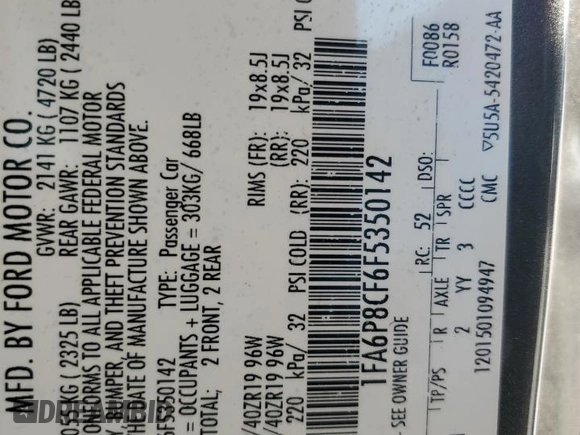 2015 Ford Mustang GT with VIN 1FA6P8CF6F5350142, listed as a Copart auction lot 75857324 with Not Provided miles and Salvage Title. Bid and sale history available at carsss.com. Image 14.