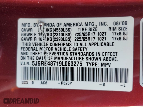 2009 Honda CR-V EX-L with VIN 5J6RE48719L063275, listed as a Copart auction lot 46276685 with 104,541 mi miles and Salvage Title. Bid and sale history available at carsss.com. Image 14.