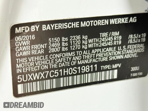 2017 BMW X3 xDrive35i with VIN 5UXWX7C51H0S19811, listed as a Copart auction lot 54969005 with 91,289 mi miles and Clean Title. Bid and sale history available at DreamBid. Image 10.
