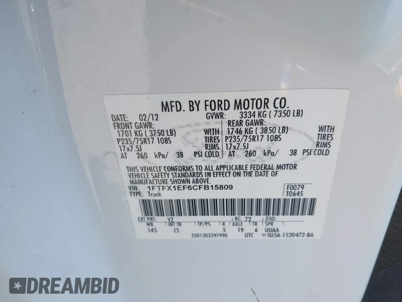2012 Ford F-150 XL with VIN 1FTFX1EF6CFB15809, listed as a IAAI auction lot 41916615 with 191,949 mi miles. Bid and sale history available at carsss.com. Image 9.