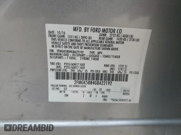 2016 Ford Flex SE z VIN 2FMGK5B84GBA22192, wystawiony jako Copart lot #51483445 z przebiegiem 79 812 mil mil oraz Szkoda całkowita • Salvage title. Historia ofert i sprzedaży dostępna na DreamBid. Obrazek 15.
