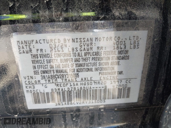 2024 Nissan Sentra SV with VIN 3N1AB8CV2RY315005, listed as a IAAI auction lot 42725881 with 36,271 mi miles and . Bid and sale history available at DreamBid. Image 9.