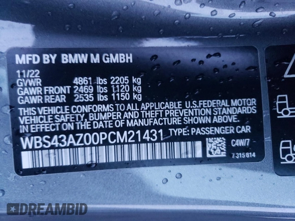 2023 BMW M4 Competition xDrive with VIN WBS43AZ00PCM21431, listed as a Copart auction lot 37362344 with 9,443 mi miles and Salvage Title. Bid and sale history available at carsss.com. Image 12.