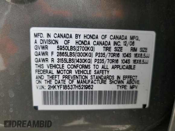 2007 Honda Pilot EX-L z VIN 2HKYF18537H521962, wystawiony jako Copart lot #53171095 z przebiegiem 79 686 mil mil oraz Szkoda całkowita • Salvage title. Historia ofert i sprzedaży dostępna na DreamBid. Obrazek 15.