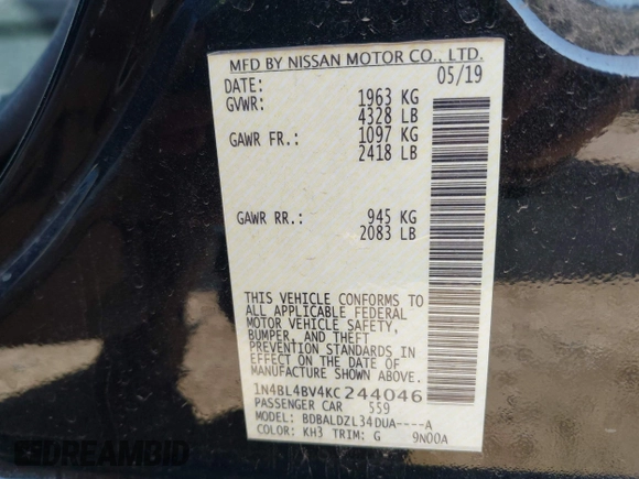 2019 Nissan Altima S z VIN 1N4BL4BV4KC244046, wystawiony jako IAAI lot #42018658 z przebiegiem 107 491 mil mil oraz . Historia ofert i sprzedaży dostępna na DreamBid. Obrazek 9.