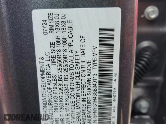 2025 Honda Pilot EX-L с VIN 5FNYG1H43SB049113, выставлен на аукционе Copart как лот 46674795 с пробегом 2 262 миль миль и Списание • Salvage title. История ставок и продаж доступна на DreamBid. Изображение 14.