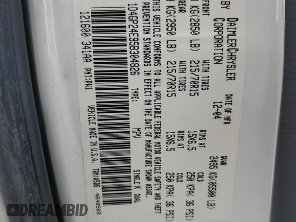 2005 Dodge Caravan SE z VIN 1D4GP24E95B304826, wystawiony jako Copart lot #58376375 z przebiegiem 160 871 mil mil oraz Szkoda całkowita • Salvage title. Historia ofert i sprzedaży dostępna na DreamBid. Obrazek 13.