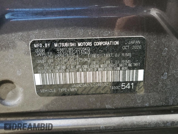 2020 Mitsubishi Outlander SE with VIN JA4AD3A37LZ046132, listed as a Copart auction lot 58826005 with 285,842 mi miles and Salvage title. Bid and sale history available at DreamBid. Image 13.