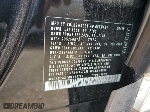 2016 Volkswagen Tiguan R-Line with VIN WVGAV7AX1GW514727, listed as a Copart auction lot 65925595 with 87,012 mi miles and Clean title. Bid and sale history available at DreamBid. Image 12.