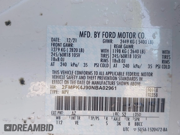 2022 Ford Edge SEL z VIN 2FMPK4J90NBA02961, wystawiony jako IAAI lot #41446422 z przebiegiem 29 313 mil mil oraz . Historia ofert i sprzedaży dostępna na DreamBid. Obrazek 9.