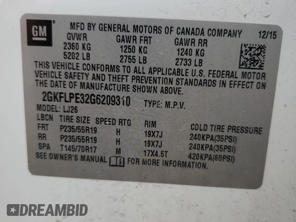 2016 GMC Terrain SLT z VIN 2GKFLPE32G6209310, wystawiony jako Copart lot #56629105 z przebiegiem 131 509 mil mil oraz Szkoda całkowita • Salvage title. Historia ofert i sprzedaży dostępna na DreamBid. Obrazek 13.