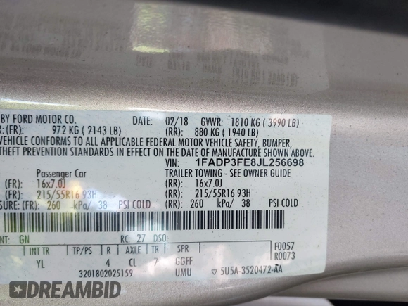 2018 Ford Focus SE with VIN 1FADP3FE8JL256698, listed as a IAAI auction lot 41757179 with 118,498 mi miles. Bid and sale history available at carsss.com. Image 9.