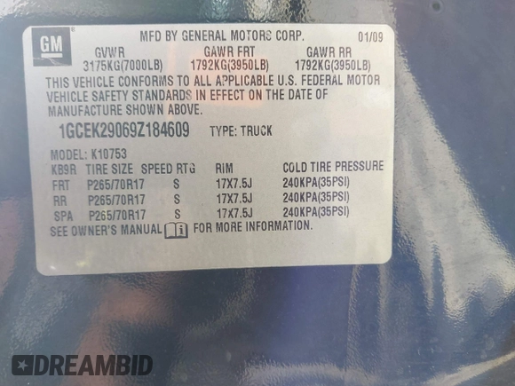 2009 Chevrolet Silverado 1500 LT with VIN 1GCEK29069Z184609, listed as a IAAI auction lot 42139639 with 223,536 mi miles and . Bid and sale history available at DreamBid. Image 9.
