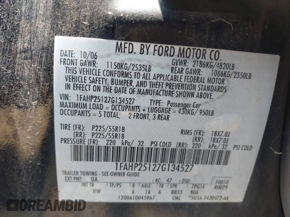 2007 Ford Five Hundred Limited with VIN 1FAHP25127G134527, listed as a IAAI auction lot 42480300 with 205,946 mi miles and . Bid and sale history available at DreamBid. Image 9.