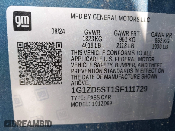 2025 Chevrolet Malibu LT with VIN 1G1ZD5ST1SF111729, listed as a IAAI auction lot 42218714 with 21,023 mi miles and . Bid and sale history available at DreamBid. Image 9.