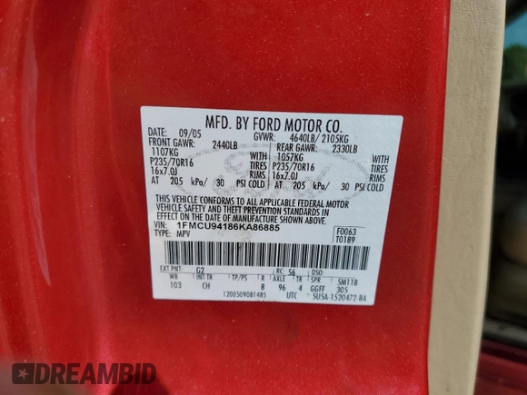 2006 Ford Escape Limited with VIN 1FMCU94186KA86885, listed as a Copart auction lot 55566465 with Not provided miles and Salvage title. Bid and sale history available at DreamBid. Image 13.
