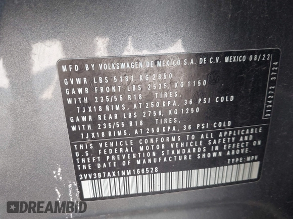 2022 Volkswagen Tiguan SE с VIN 3VV3B7AX1NM166528, выставлен на аукционе IAAI как лот 42723213 с пробегом 85 173 миль миль и . История ставок и продаж доступна на DreamBid. Изображение 9.