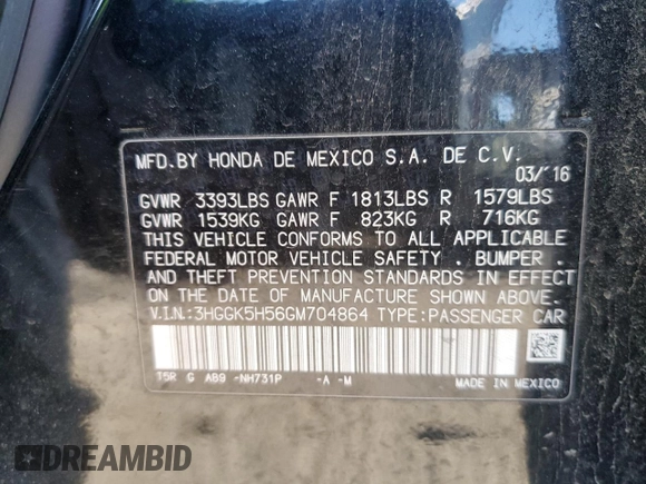 2016 Honda Fit LX with VIN 3HGGK5H56GM704864, listed as a Copart auction lot 75690264 with 54,543 mi miles and Salvage title. Bid and sale history available at DreamBid. Image 13.