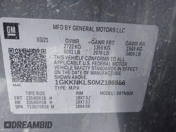 2021 GMC Acadia SLE with VIN 1GKKNKLS0MZ186986, listed as a IAAI auction lot 41597643 with 53,672 mi miles and . Bid and sale history available at DreamBid. Image 9.