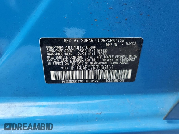 2024 Subaru Impreza Sport with VIN JF1GUAFC7R8306451, listed as a Copart auction lot 45526765 with 15,867 mi miles and Salvage Title. Bid and sale history available at carsss.com. Image 14.