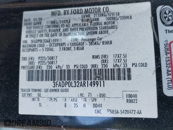 2010 Ford Fusion Hybrid with VIN 3FADP0L32AR149911, listed as a IAAI auction lot 41636037 with 148,431 mi miles. Bid and sale history available at carsss.com. Image 9.