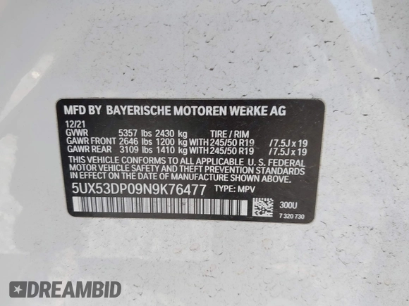 2022 BMW X3 xDrive30i with VIN 5UX53DP09N9K76477, listed as a IAAI auction lot 41164992 with Not Provided miles and . Bid and sale history available at DreamBid. Image 9.
