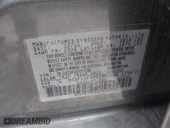 2016 Nissan Sentra SV with VIN 3N1AB7AP4GY211725, listed as a IAAI auction lot 42117849 with 108,561 mi miles and . Bid and sale history available at DreamBid. Image 9.