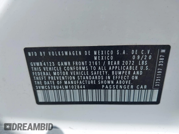 2020 Volkswagen Jetta S with VIN 3VWC57BU4LM102844, listed as a IAAI auction lot 42301988 with 49,501 mi miles and . Bid and sale history available at DreamBid. Image 9.