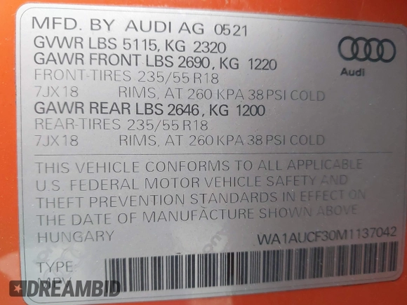 2021 Audi Q3 Premium with VIN WA1AUCF30M1137042, listed as a IAAI auction lot 41502456 with 61,742 mi miles and . Bid and sale history available at DreamBid. Image 9.