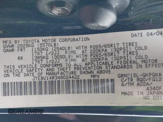 2004 Toyota 4Runner SR5 with VIN JTEBU14R348024422, listed as a IAAI auction lot 42007051 with 156,289 mi miles and . Bid and sale history available at DreamBid. Image 9.