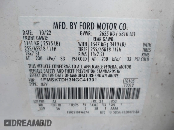 2022 Ford Explorer XLT with VIN 1FMSK7DH3NGC41301, listed as a IAAI auction lot 42256526 with 74,100 mi miles and . Bid and sale history available at DreamBid. Image 9.