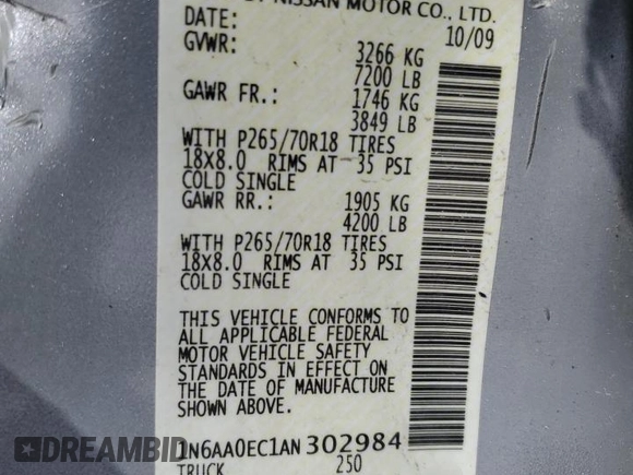 2010 Nissan Titan LE with VIN 1N6AA0EC1AN302984, listed as a Copart auction lot 89266195 with 80,743 mi miles and Salvage Title. Bid and sale history available at carsss.com. Image 15.