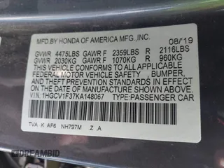 2019 Honda Accord Sedan Sport 1.5T with VIN 1HGCV1F37KA148067, listed as a IAAI auction lot 41724588 with 91,659 mi miles. Bid and sale history available at carsss.com. Image 9.