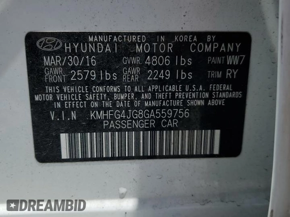 2016 Hyundai Azera с VIN KMHFG4JG8GA559756, выставлен на аукционе Copart как лот 62871655 с пробегом 82 863 миль миль и Списание • Salvage title. История ставок и продаж доступна на DreamBid. Изображение 12.